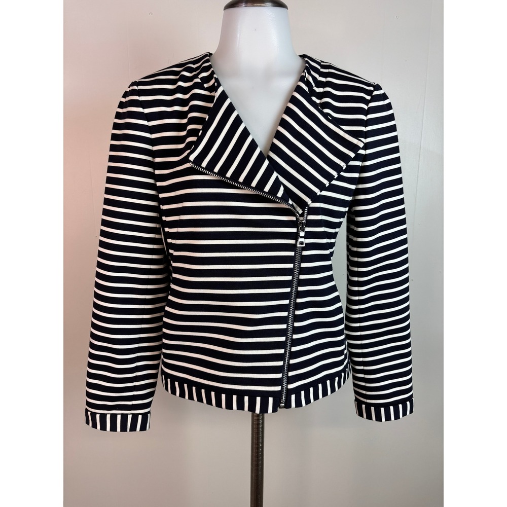 Ann Taylor Moto Jacket XS Navy Blue White Striped Asymmetrical Zip  Women